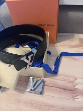 Louis Vuitton Style Men’s Black Monogram Reversible Belt with Silver LV Buckle